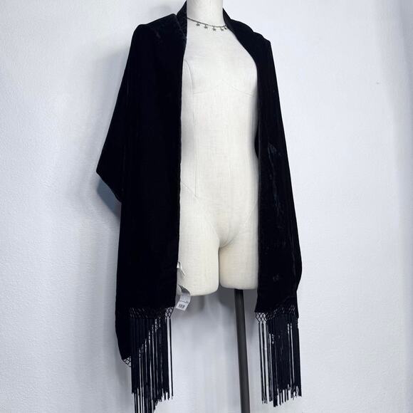 Vintage Black Velvet Fringe Beads Shawl Wrap Cape 90s Gothic Glam Whimsigoth - Picture 7 of 8